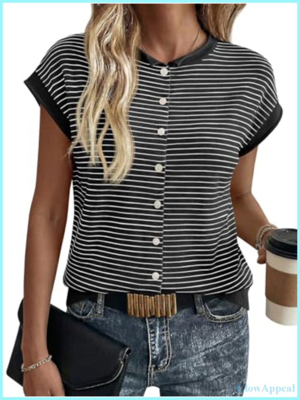 Women's Striped Cap Sleeve Knit Cardigan Button Front Lightweight Tan